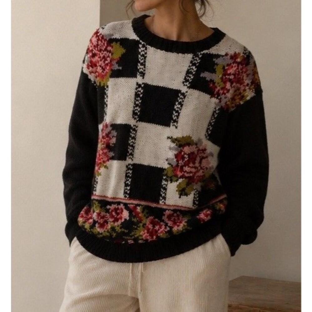Vintage Floral Checkered Knit Sweater Size Large Women’s Y2k Girly Cozy
